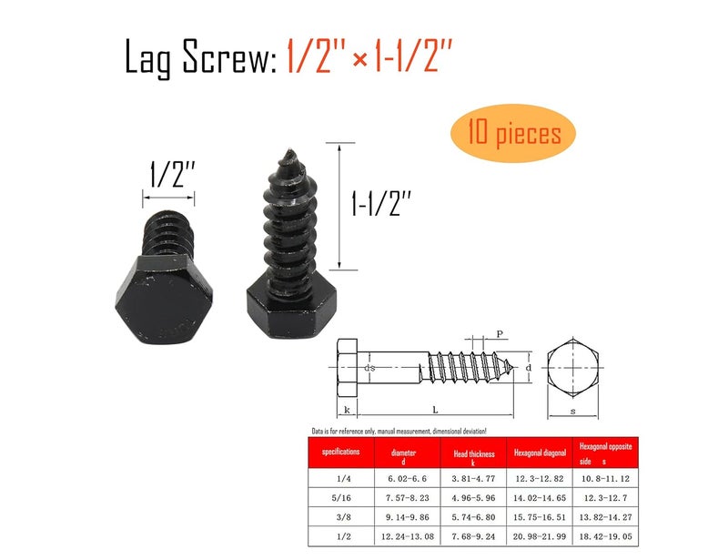 LBY 10pcs 1/2" x 1-1/2" Lag Screws, Hex Head Lag Screws Bolts, Wood Screws, 304 Stainless Steel, (Black) - Image 3